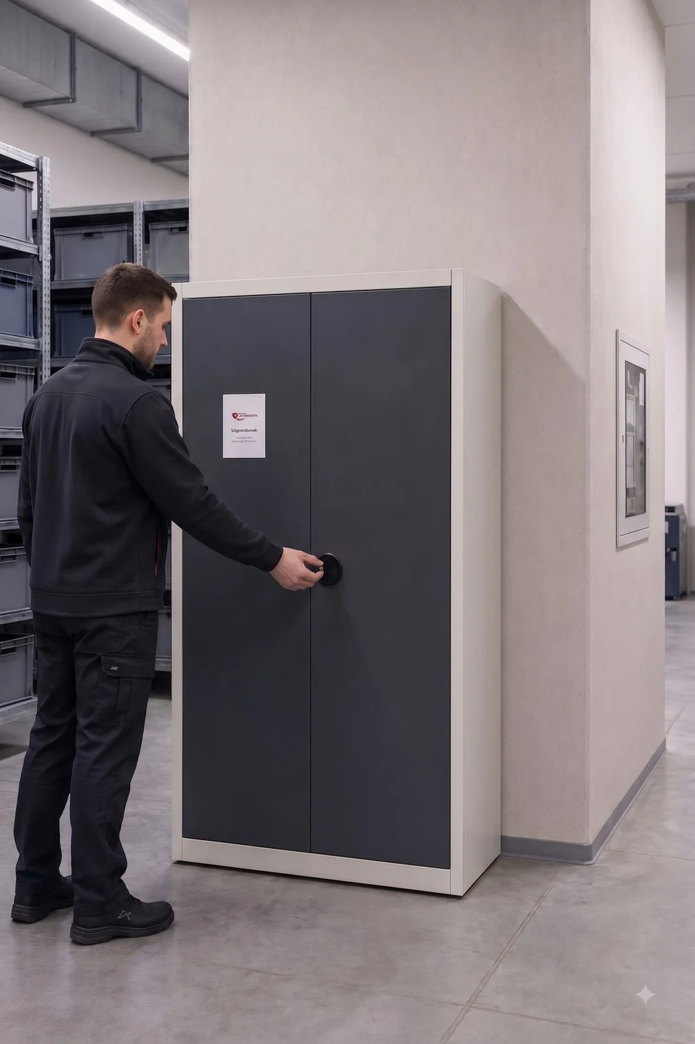 Mitarbeiter öffnet Smart Cabinet in der Werkshalle